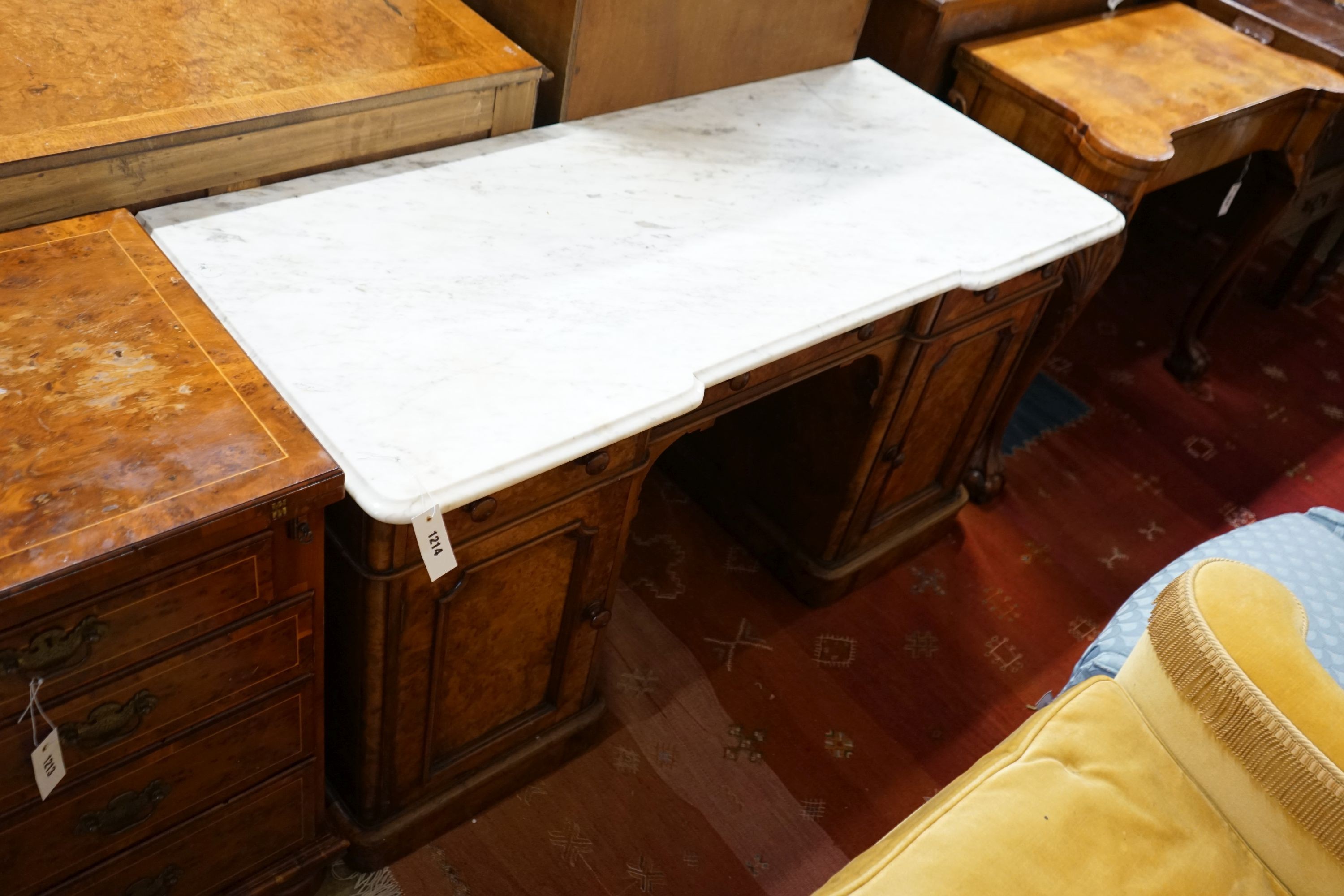 A Victorian burr walnut marble topped wash stand, width 29cm, depth 56cm, height 71cm